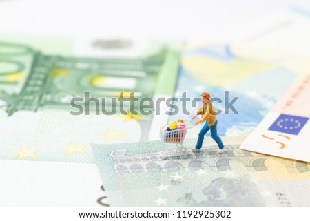 Miniature people figurine with grocery in the shopping cart trolley walking on the bridge through Euro sign on Euro banknotes  using as ecommerce, consumer or buy and sell, Europe economy.