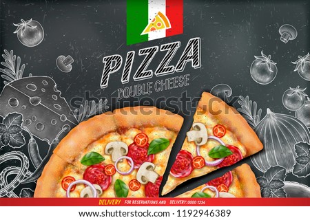 Savoury pizza ads with 3d illustration rich toppings dough on engraved style chalk doodle background