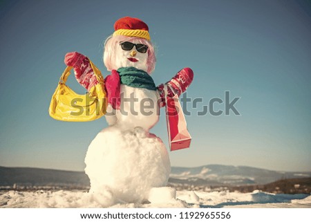 Christmas gift and xmas decoration. New year snowman from white snow with shopping bag. Winter fashion and party. Happy holiday and celebration. Snowman in pink wig, mittens, hat, glasses and scarf.