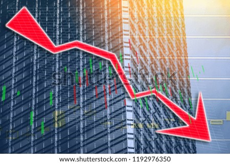 Composing with business building and stock chart on background (red bear chart)