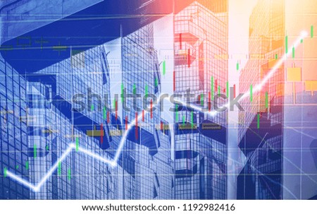 Composing with business building and stock chart on background (blue bull chart)