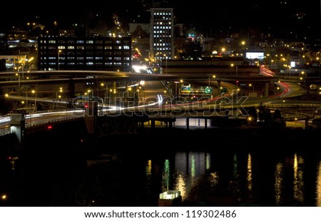 Traffic at night over the Willamette River in Portland, Oregon