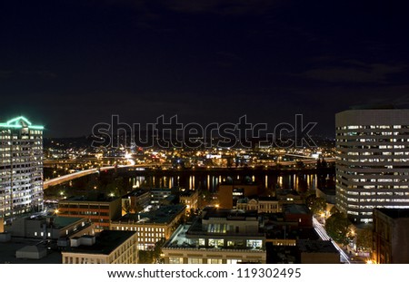 Portland Oregon downtown and Willamette River lights at night