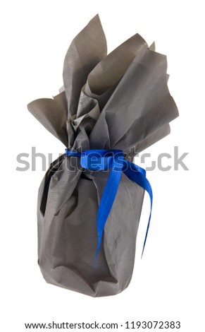 gift in gray paper with blue ribbon isolated on white background