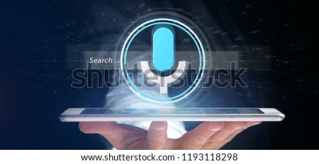 View of a Businessman holding a Vocal search system with button and icon3d rendering