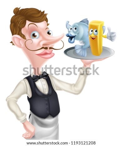 An Illustration of a Cartoon Waiter Holding Fish and Chips