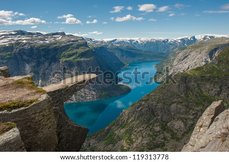 Trolltunga, Troll's tongue rock above lake Ringedalsvatnet, Norway Royalty-Free Stock Photo #119313778