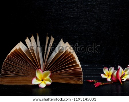 Book and frangipani flowers isolated black background on wooden table