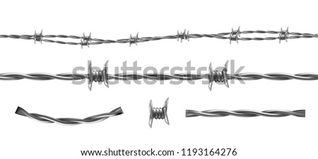 Barbed wire vector illustration, horizontal seamless pattern and separate elements of barbwire isolated on background. Metal protective barrier with sharp barbs for industrial and agricultural fencing Royalty-Free Stock Photo #1193164276