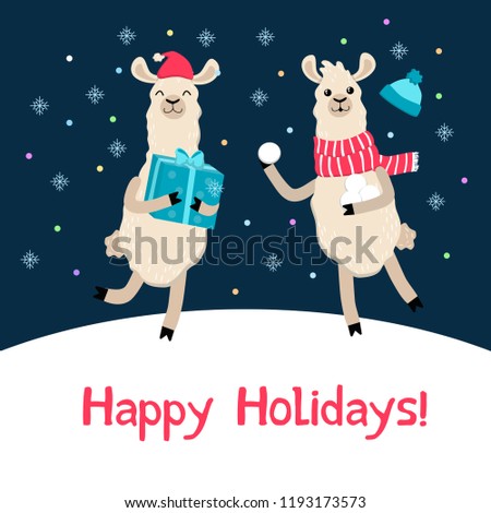 Cute llama fall Christmas card. Alpaca cartoon winter greeting card.
