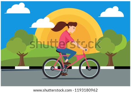 flat design cycling in the mountains, vector illustration