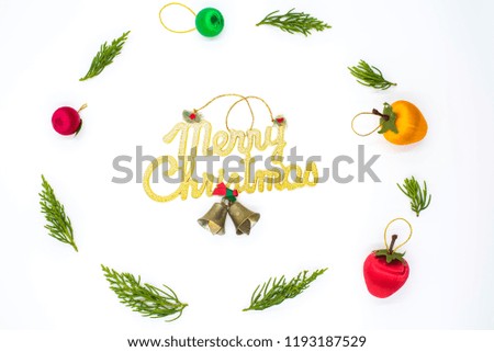 Christmas background with festive decoration and gold text - Merry Christmas on white background.
