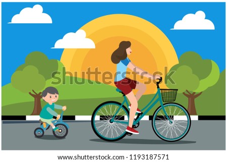 flat design mountain biking with family, vector illustration