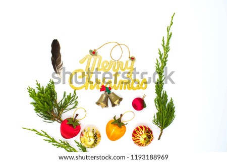 Christmas background with festive decoration and gold text - Merry Christmas on white background.