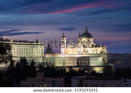Almudena Cathedral (Santa Maria la Real de La Almudena) is a Catholic church in Madrid, Spain at night. It is the seat of the Roman Catholic Archdiocese of Madrid.