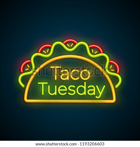 Traditional taco tuesday neon light sign vector illustration. Spicy tacos with beef, green salad and red tomato with big glowing label Taco Tuesday for mexican food cafe night event advertising Royalty-Free Stock Photo #1193206603