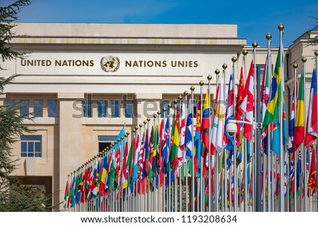 United Nations Building and the flags in Geneva Switzerland Royalty-Free Stock Photo #1193208634