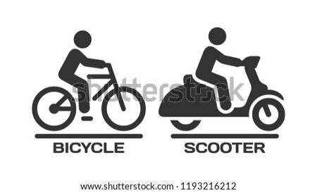 Vector isolated bicycle and motor scooter icon. Motorcycle and bike with rider on road silhouette symbols.