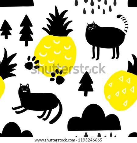 Seamless pattern with yellow pineapples and cute black cats. Vector endless  background in kawaii style.