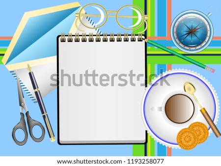 Top view of the workplace elements on the table. A set of realistic items on the desktop. Vector Illustration