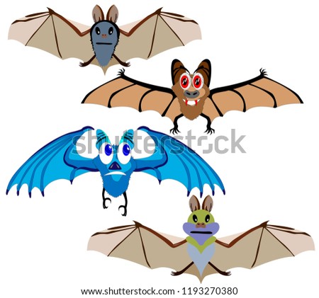 cartoon Bat, magic animal, set of different colors and shapes, different wings, eyes and mouths