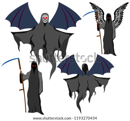 set of four grim Reapers with scythe and wings, instead of skull face, vector on white background