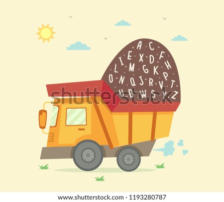 Illustration of a Construction Dump Truck Full of Soil with the Alphabet