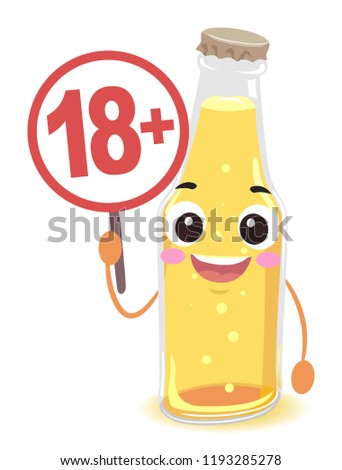 Illustration of a Bottle of Beer Mascot Holding a Signage with Eighteen Plus Text Inside