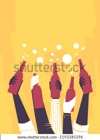 Illustration of Hands Holding Bottles of Beer Up in an After Work Party. Cheers