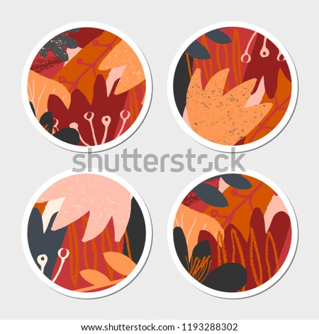 Four autumn design round stickers with abstract shapes and leaves in orange, yellow, pink, red and brown isolated on light gray background.