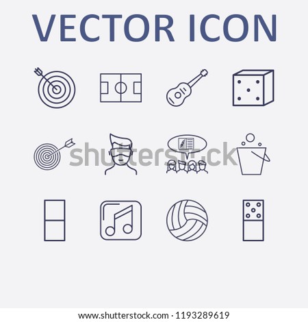 Outline 12 play icon set. volleyball ball, pail, social campaign, music player, domino and guitar vector illustration
