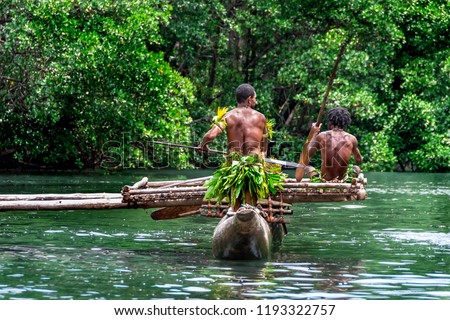 Two sportive indigenous tribal men with  paddles in a traditional canoe, natural green jungle with mangrove trees background, Melanesia, Papua New Guinea, Tufi Royalty-Free Stock Photo #1193322757