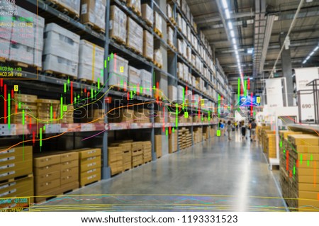 Double exposure of wholesale stock inventory shelf, modern logistics smart warehouse and technical price chart. For wholesale distributor, commercial business or supply chain background concept. Royalty-Free Stock Photo #1193331523