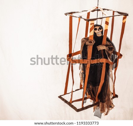 Skeleton dressed as a monster in a hanging cage.