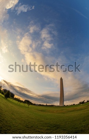Washington DC, USA at the Washington Memorial Monument in sunrise, an obelisk on the National Mall built to commemorate George Washington. Famous landmark in large angle view.