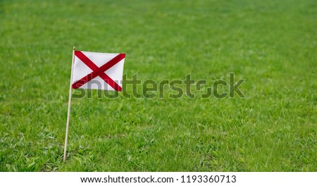 Alabama flag. Photo of Alabama state flag on a green grass lawn background. Close up of Alabamian flag waving outdoors.