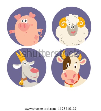Vector set of cute cartoon farm animals: cow, goat, pig, sheep. Educational children's game, sticker, poster, card.