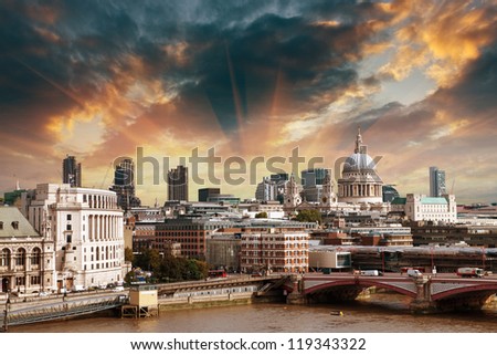 City of London one of the leading centers of global finance and St Paul Cathedral on foreground.