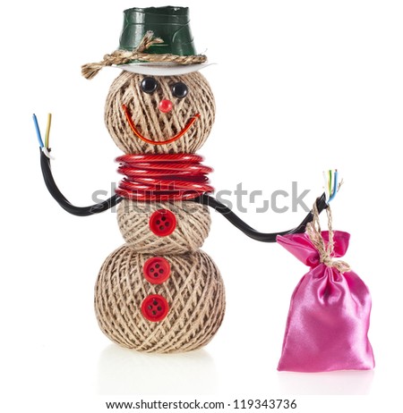 Happy Snowman made of yarn, rope, wire, tape with a bag of gifts  isolated on white background