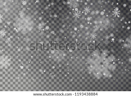 Christmas falling snow vector isolated on dark background. Snowflake transparent decoration effect. Xmas snow flake pattern. Magic white snowfall texture. Winter snowstorm backdrop illustration.