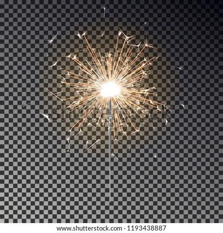 Bengal fire. New year sparkler candle isolated on transparent background. Realistic vector light effect. Party backdrop. Sparkler vector firework. Magic light. Winter Xmas decoration illustration.