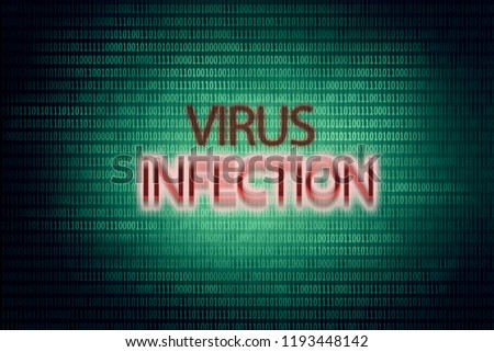 Computer virus infection warning message on background with binary numbers