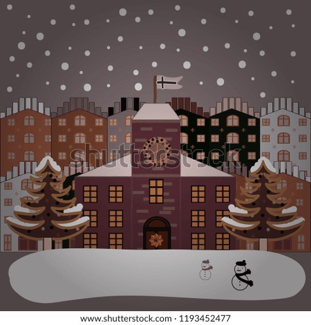 Christmas illustration on beige, brown and white colors. Winter. Vector. Cloudy winter landscape. Mountain landscape. Lonely house on a hill.