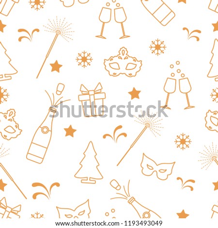 Seamless pattern with new year symbols. Gifts, fireworks, bottle and glasses with champagne, christmas tree, mask, stars, snowflakes.