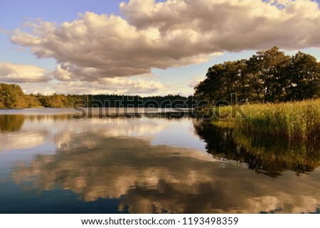 A cloudy sky reflected in a calm lake
