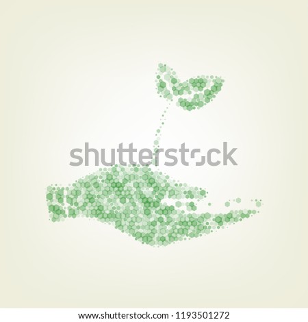 Sprout in a hand sign of environmental protection. Vector. Green hexagon rastered icon and noised opacity and size at light green background with central light.