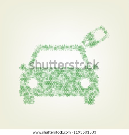Car sign with tag. Vector. Green hexagon rastered icon and noised opacity and size at light green background with central light.