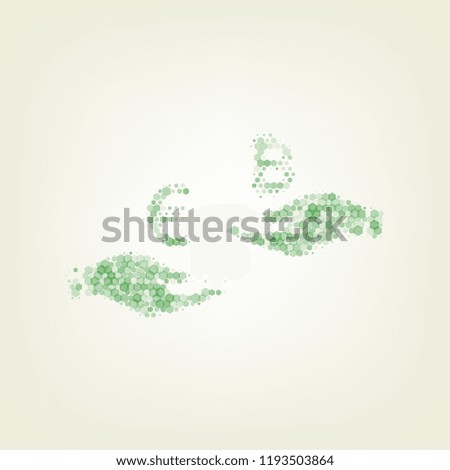 Currency exchange from hand to hand. Euro an Bitcoin. Vector. Green hexagon rastered icon and noised opacity and size at light green background with central light.