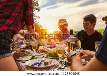 happy best friends have an al fresco party in the garden. they enjoy a meal of simple finger food with fresh white wine and rose wine. rustic farm life concept after harvest work. Royalty-Free Stock Photo #1193504545