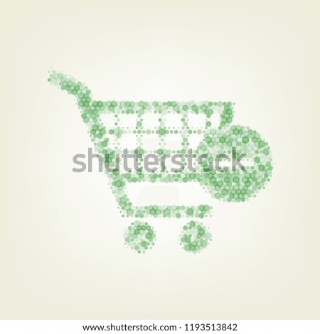 Shopping Cart with Remove sign. Vector. Green hexagon rastered icon and noised opacity and size at light green background with central light.